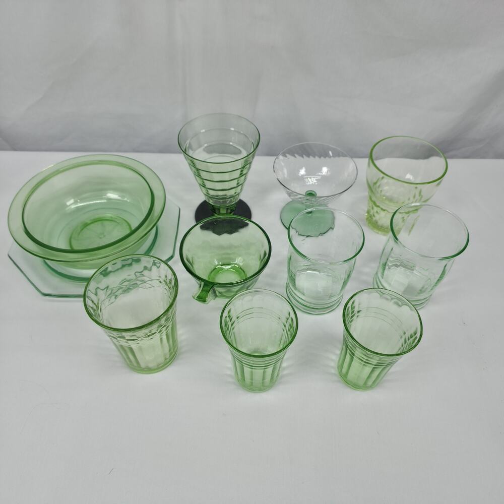 Green Depression Glass Lot 11 Pc Uranium UV Glow Mixed Patterns 1930s Vintage